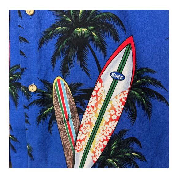 RJC Hawaiian Shirt Men Surfboard Tress All Over Print 2XL Blue Nautical Vtg USA - Picture 8 of 9